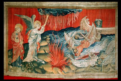 A Segunda Trombeta e o Naufrágio, número 21 de "O Apocalipse de Angers", 1373-87 (tapeçaria) de Nicolas Bataille